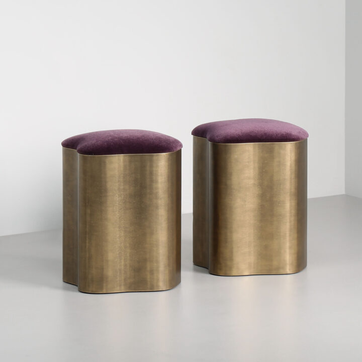 Lily Stools in Florentine Gold with Aubergine Mohair