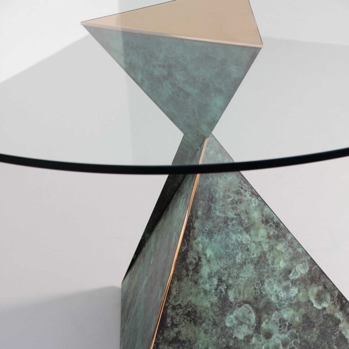 Made in bronze finished in "Bottle Green" patina with glass top and dull polished bronze insert