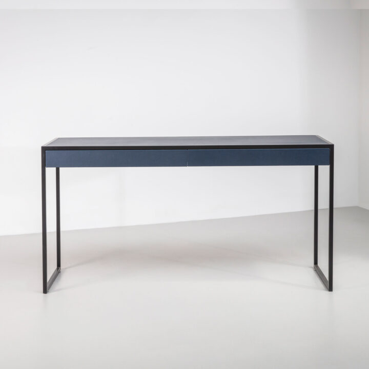 Albany console finished in "Charcoal" with Atlantic Blue Leather 