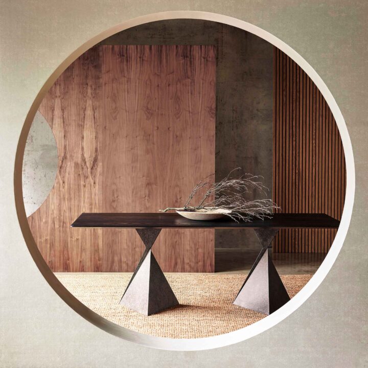 Wooden dining table with metal base