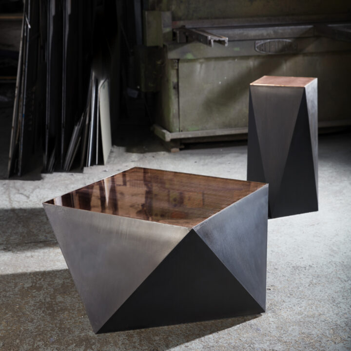Balzac coffee + side table finished in ‘Black Patina’ with polished bronze top plates