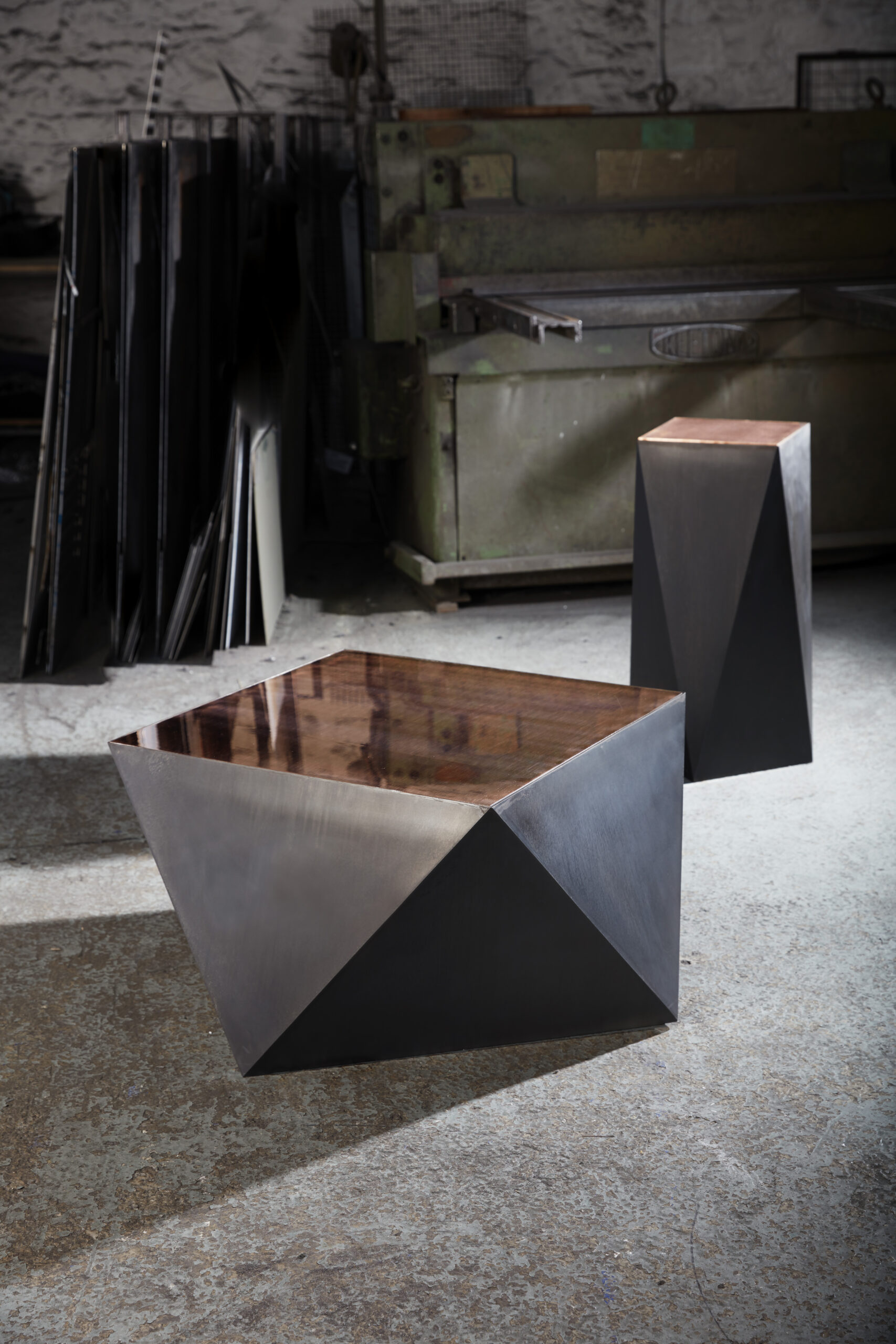 Balzac coffee + side table finished in ‘Black Patina’ with polished bronze top plates