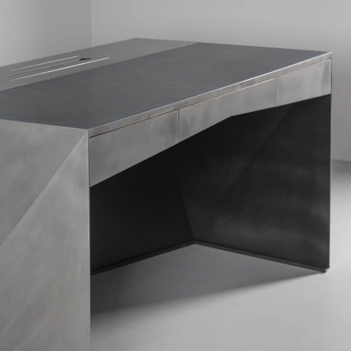 Dull Polished steel finish with leather top