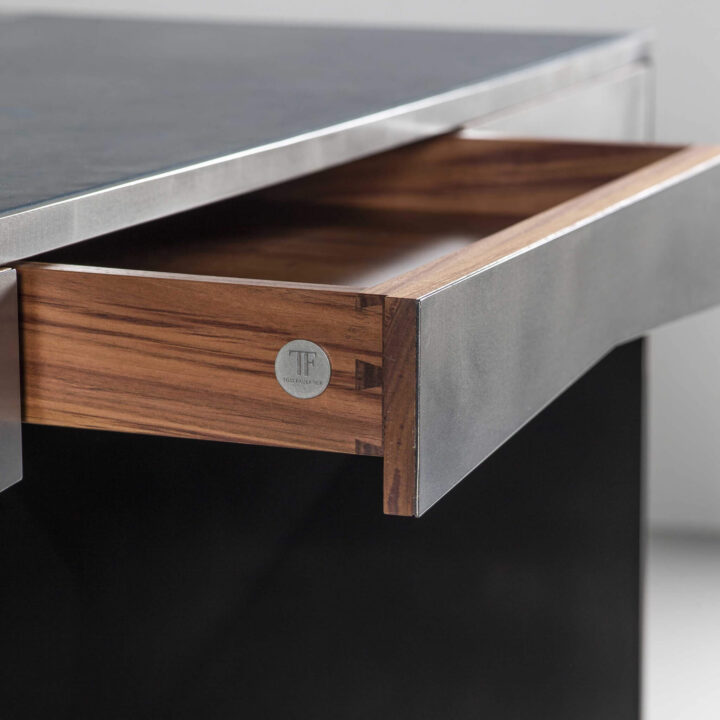 Dull Polished steel finish with Walnut