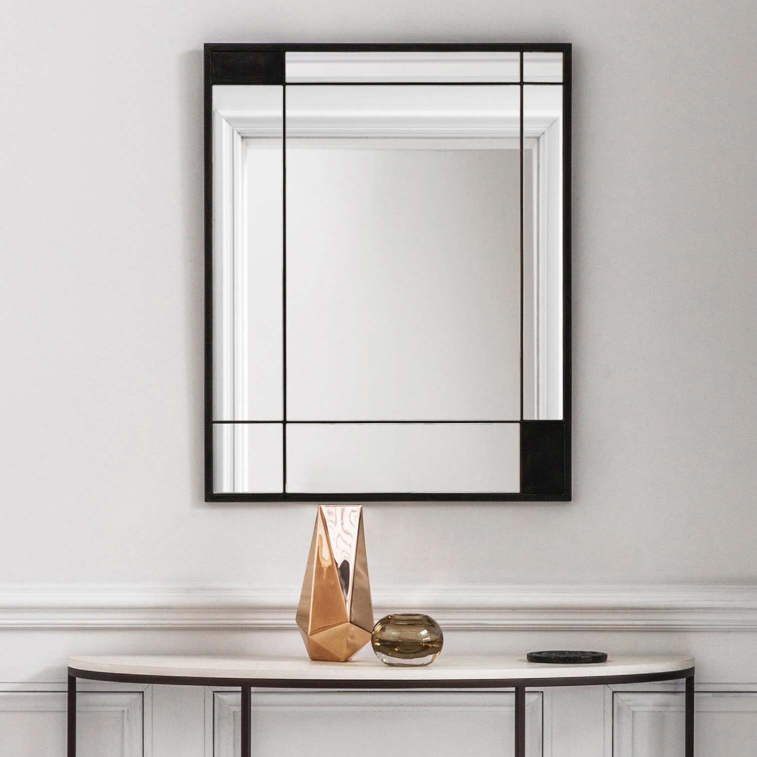 Albany mirror finished in ‘Charcoal’ + Madison Demi-Lune console finished in ‘Bronze’ with a Limestone top