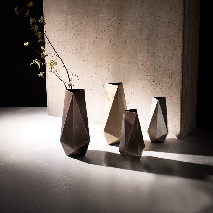 Galena Vases in Rose Pewter, White Gold and Metallic Stone finish