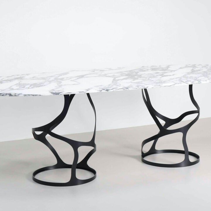 Double Pedestal Papillon Oval Dining Table in Charcoal with an Arabescato marble top