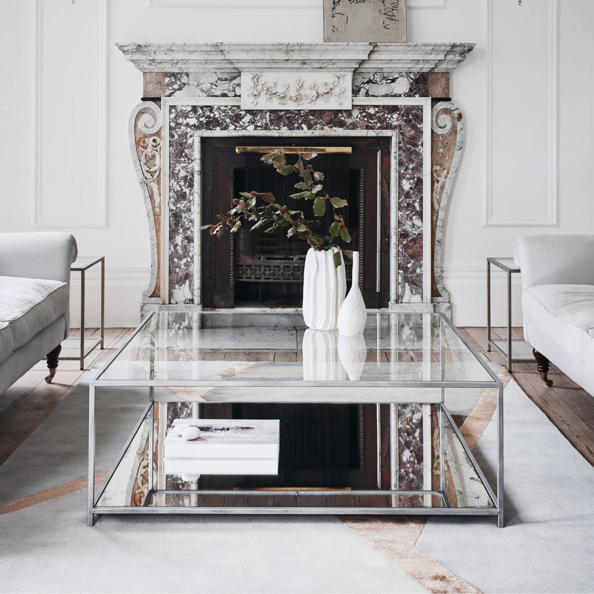 Finished in “Grey Silk” with mirrored shelf