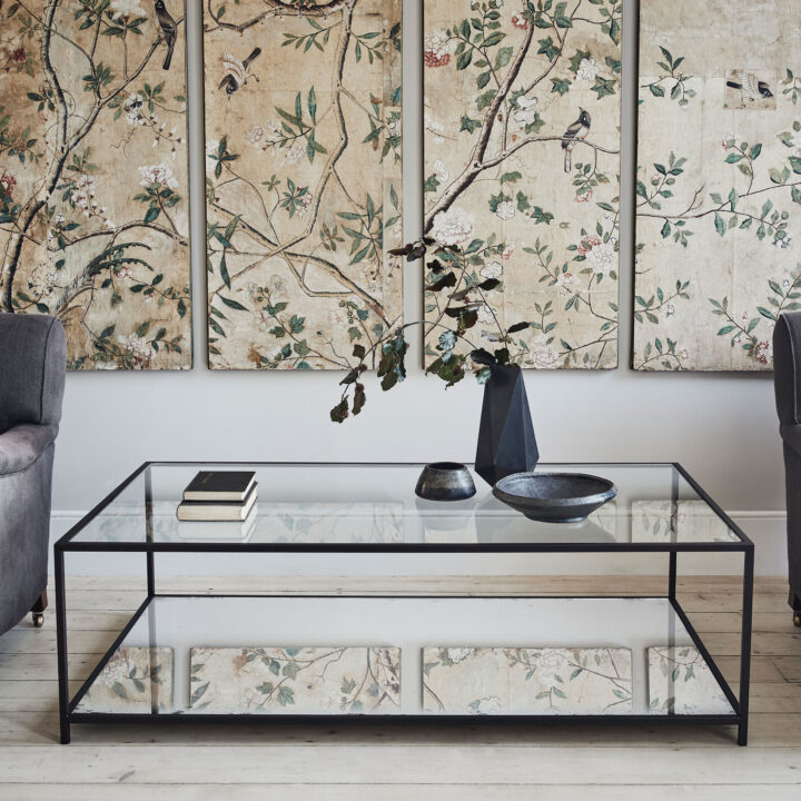 Finished in “Charcoal” with mirrored shelf