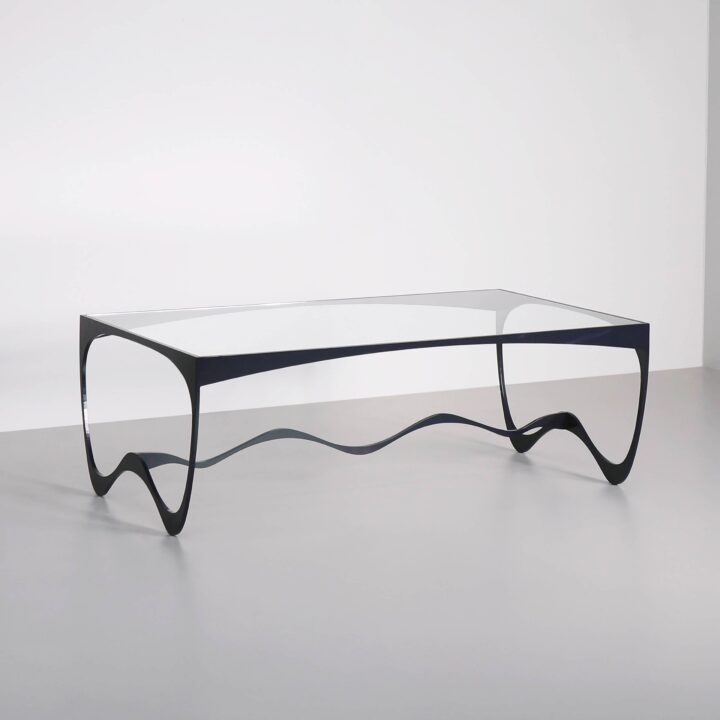 Finished in "Ocean Blue" with a clear glass top