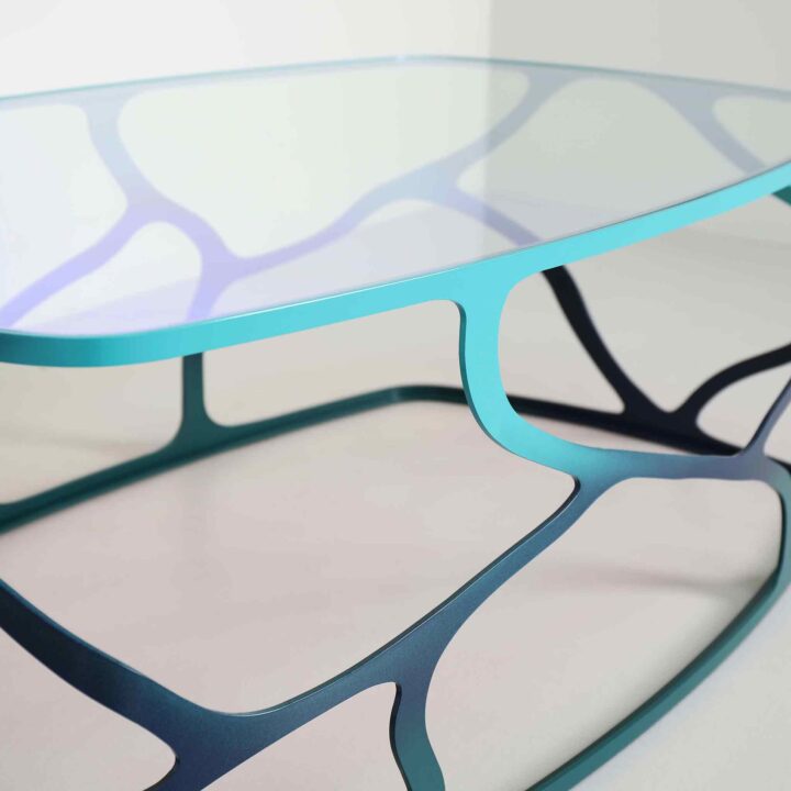 Finished in "Ulysses Blue" with Dichroic glass top
