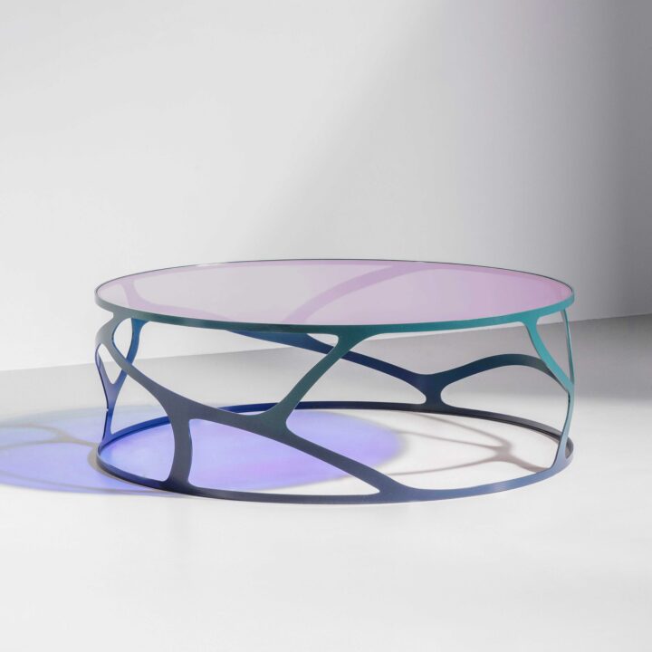 Finished in "Malabar" with Dichroic glass top