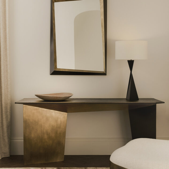 Finished in Florentine Gold with Ebonised Oak top. Pictured with Lily ottoman, Ava lamp and Phoenix mirror
