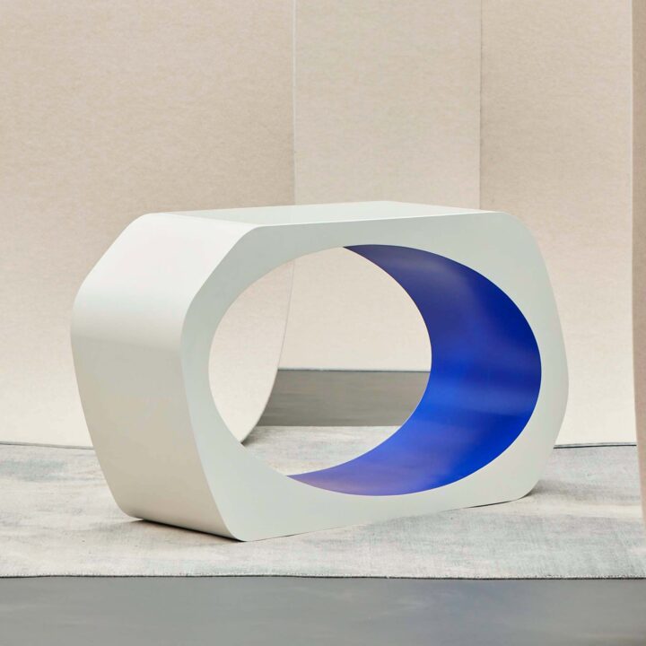 Finished in White and Ultramarine Blue with glass inset top