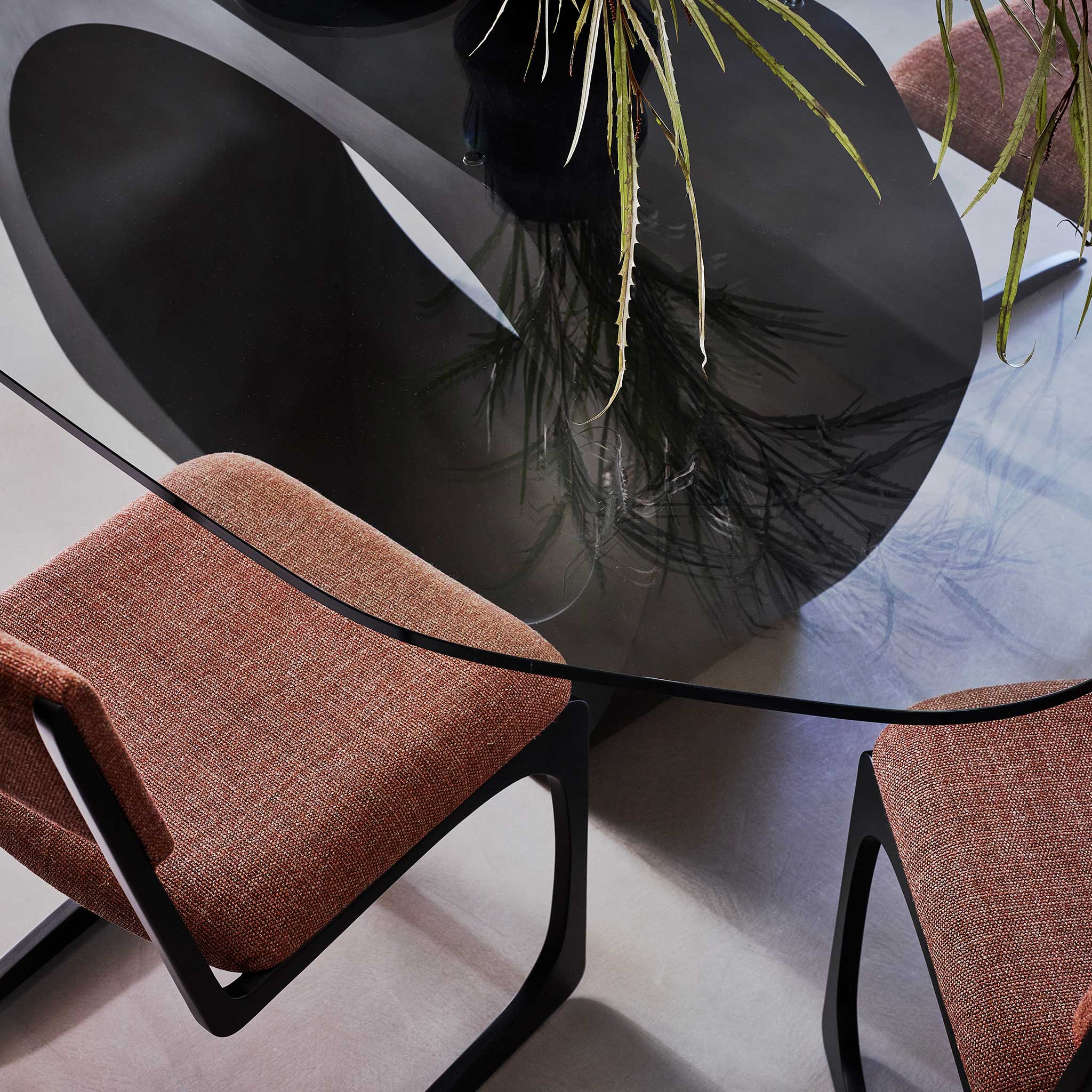 Skye dining table and Angel side chairs, detail