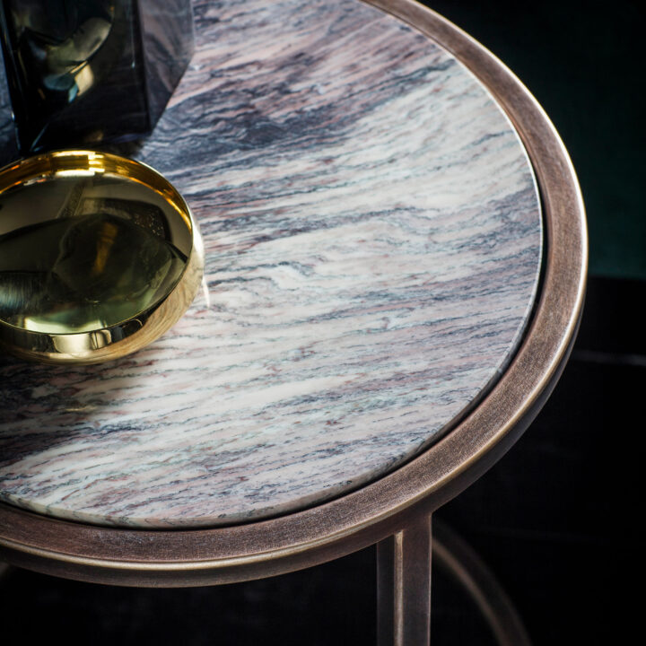 Finished in "Rose Pewter" with a Rosso Luana marble top