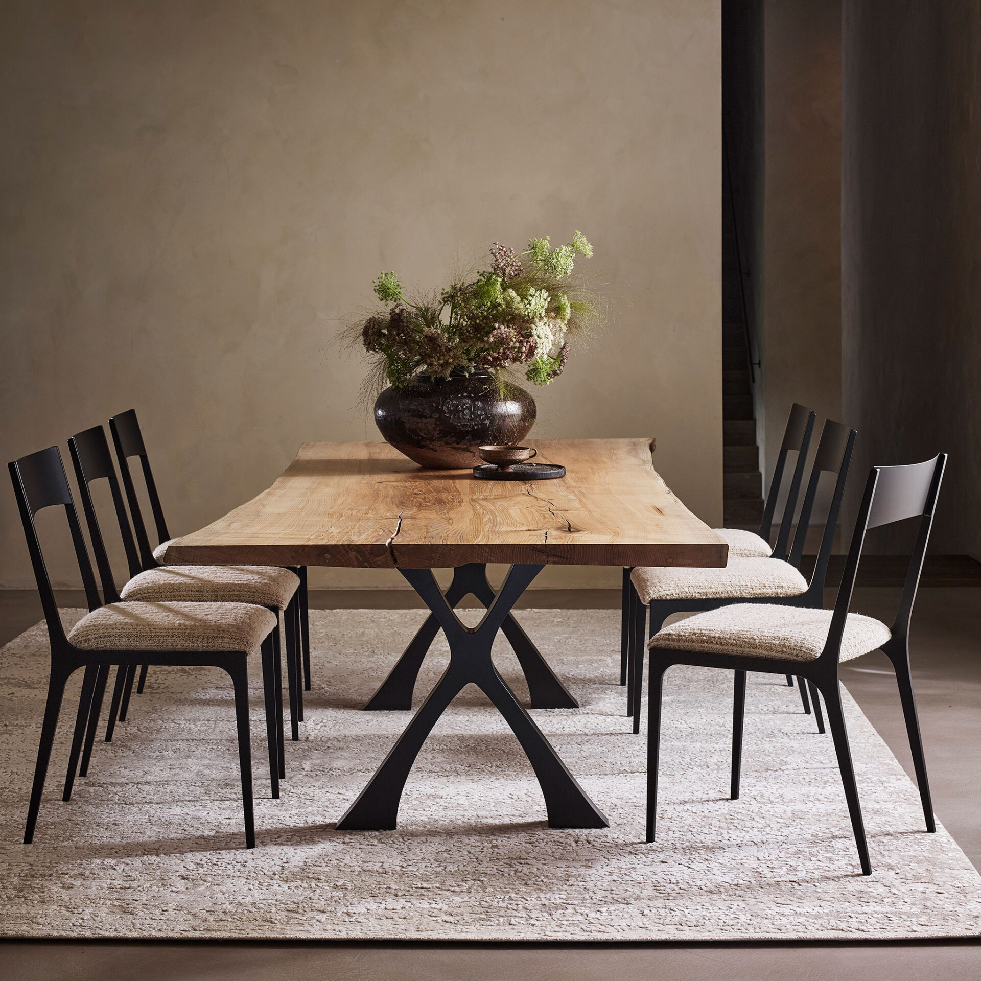 Exe dining table wth rippled Ash top (live edge) and Jak chairs