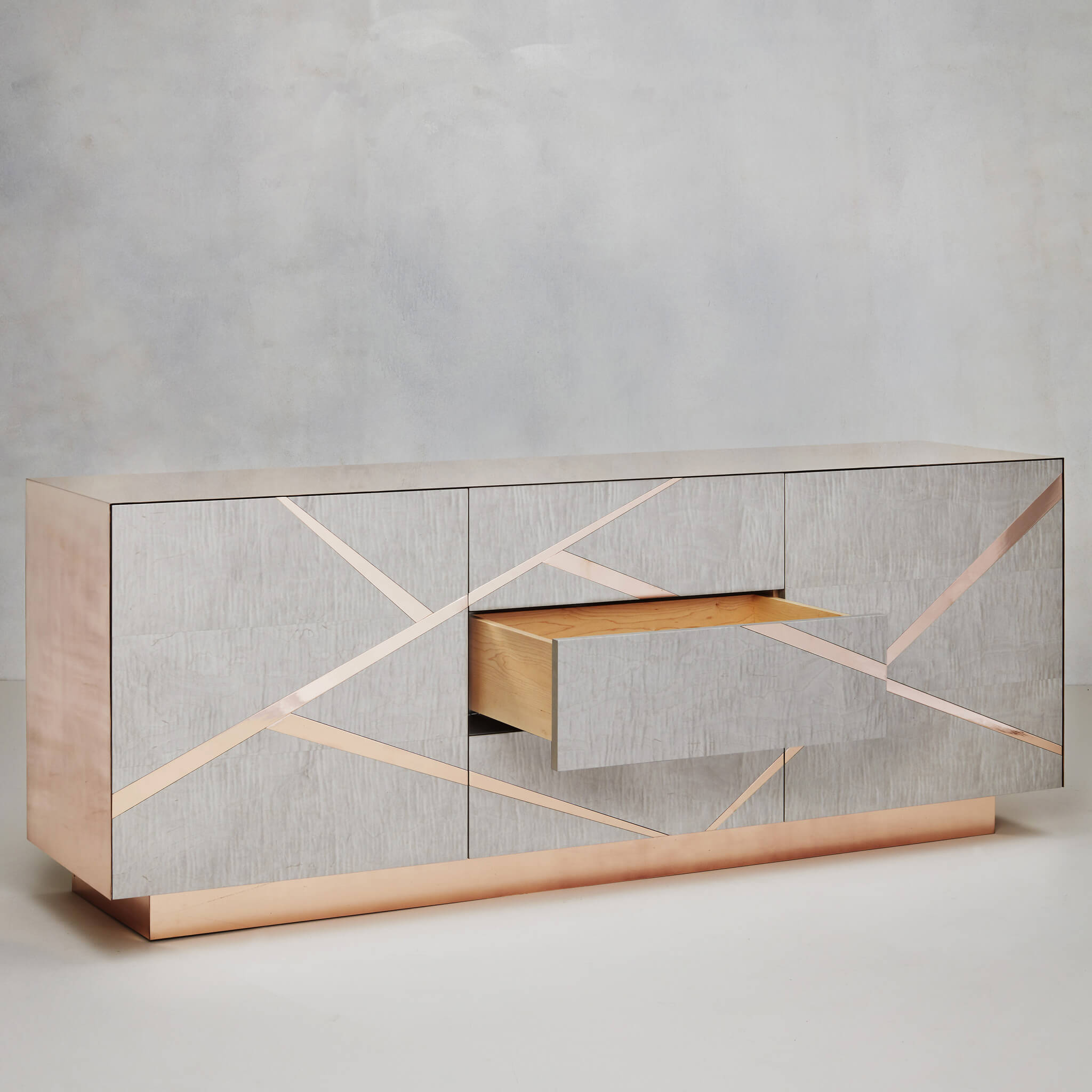 Polished Bronze with Figured Rippled Grey Sycamore Veneer